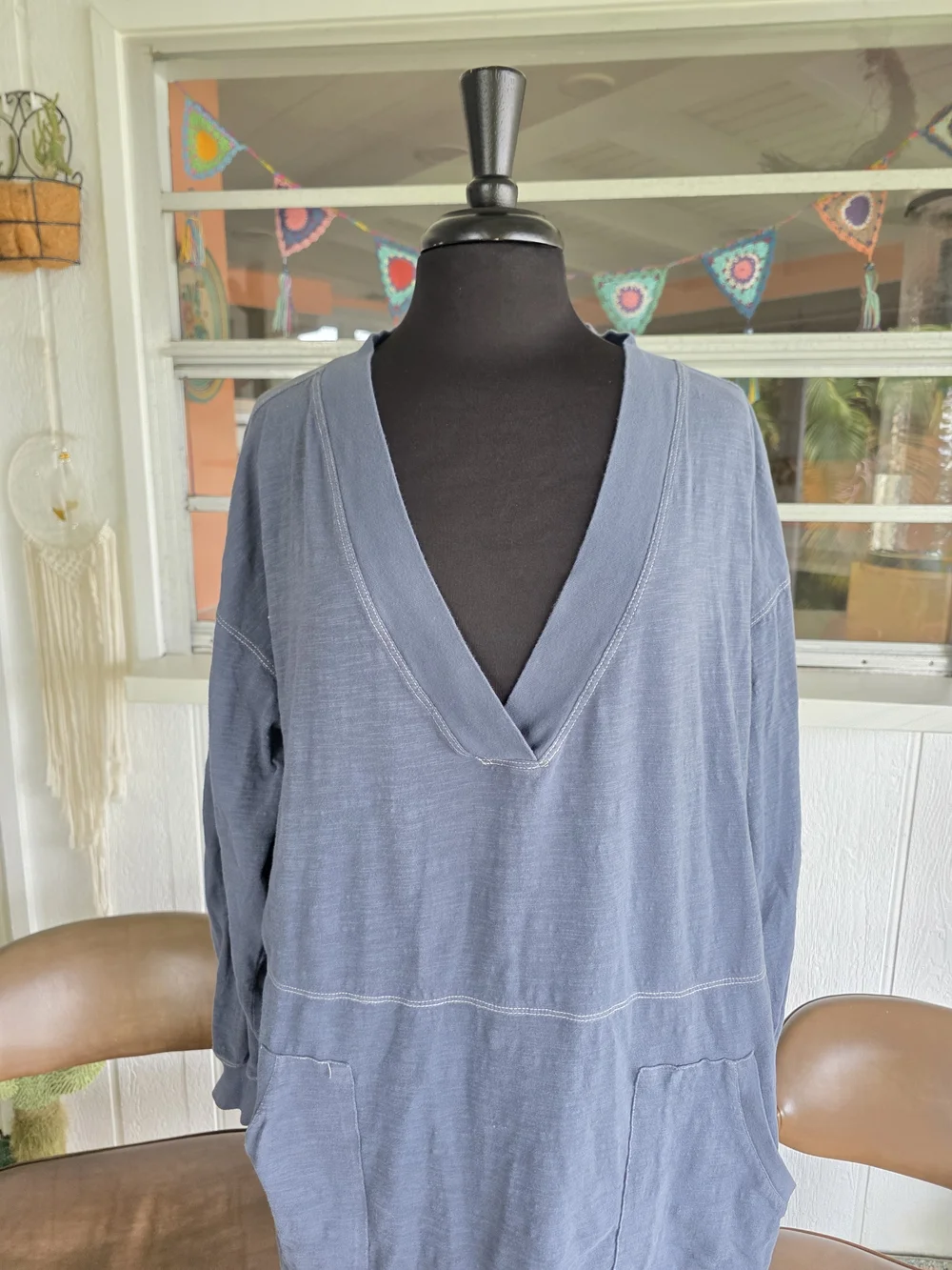 NATURAL LIFE Dusty Blue Long Sleeve V-Neck Tunic Dress - Picture 5 of 11